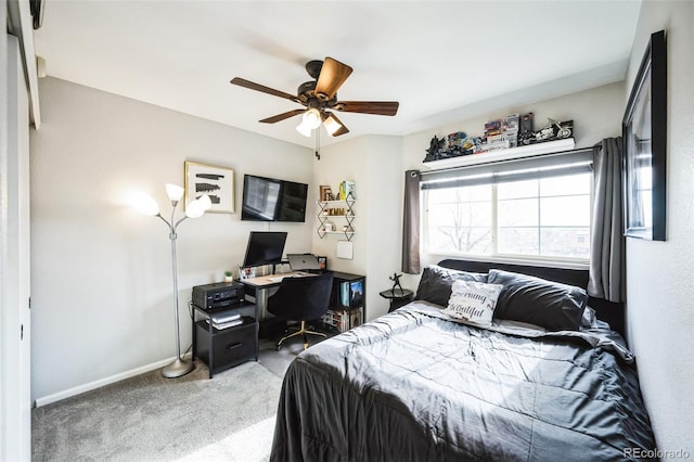 bedroom featuring baseboards, carpet floors, and ceiling fan