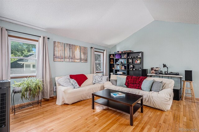 16724 E Hialeah Ave, Centennial, CO 80015 - living room with wood finished floors, vaulted ceiling, and a textured ceiling