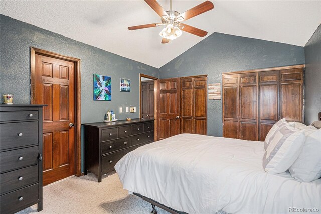 16724 E Hialeah Ave, Centennial, CO 80015 - bedroom with lofted ceiling, light carpet, a textured wall, and ceiling fan