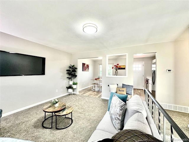 8820 Cody St, Broomfield, CO 80021 - living room featuring light colored carpet, baseboards, and a textured ceiling
