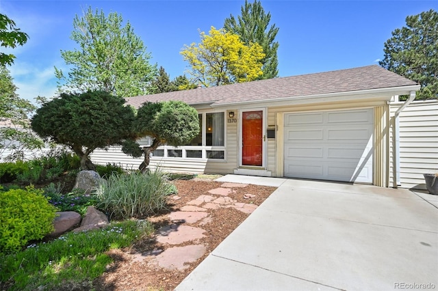 1370 S Hudson St, Denver, CO 80222 - single story home featuring a garage, concrete driveway, and roof with shingles