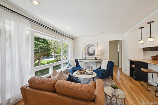 1370 S Hudson St, Denver, CO 80222 - living area featuring light wood-type flooring and recessed lighting