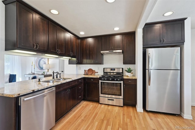 1370 S Hudson St, Denver, CO 80222 - kitchen featuring appliances with stainless steel finishes, a sink, under cabinet range hood, light wood-style floors, and recessed lighting