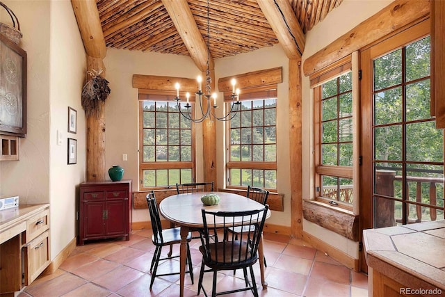 28267 Meadowlark Dr, Golden, CO 80401 - dining room featuring a chandelier, light tile patterned floors, and a wooden ceiling with exposed beams