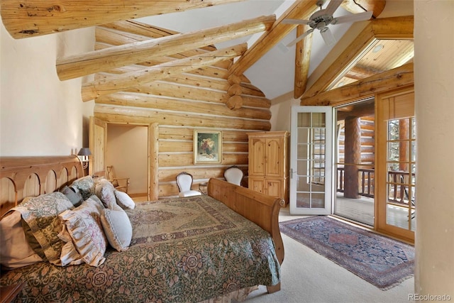 28267 Meadowlark Dr, Golden, CO 80401 - carpeted bedroom with rustic walls, access to exterior, beam ceiling, high vaulted ceiling, and a ceiling fan