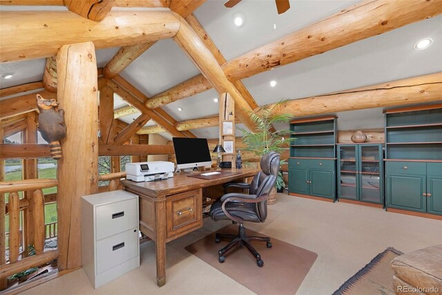 28267 Meadowlark Dr, Golden, CO 80401 - carpeted office space featuring recessed lighting, beam ceiling, and ceiling fan