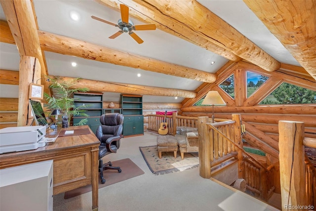 28267 Meadowlark Dr, Golden, CO 80401 - carpeted home office with rustic walls, recessed lighting, and ceiling fan