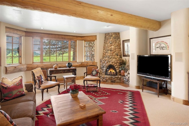 28267 Meadowlark Dr, Golden, CO 80401 - carpeted living room featuring a stone fireplace, recessed lighting, and beamed ceiling
