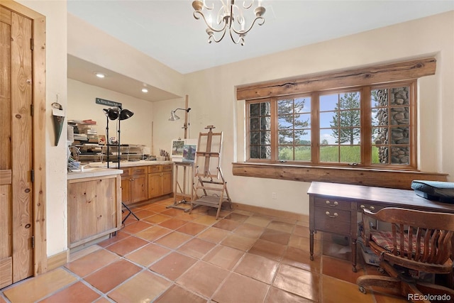 28267 Meadowlark Dr, Golden, CO 80401 - bathroom with a chandelier, tile patterned flooring, and recessed lighting