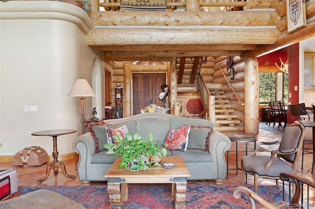 28267 Meadowlark Dr, Golden, CO 80401 - tiled living area with rustic walls and baseboards