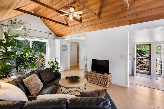 426 Corona Ave, Palmer Lake, CO 80133 - living room with a wood ceiling with exposed beams, ceiling fan, light wood-style floors, and high vaulted ceiling