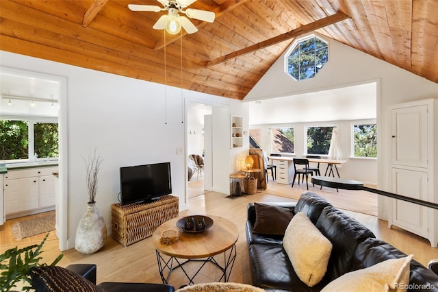 426 Corona Ave, Palmer Lake, CO 80133 - living room featuring a wood ceiling with exposed beams, plenty of natural light, light wood-style flooring, a ceiling fan, and high vaulted ceiling