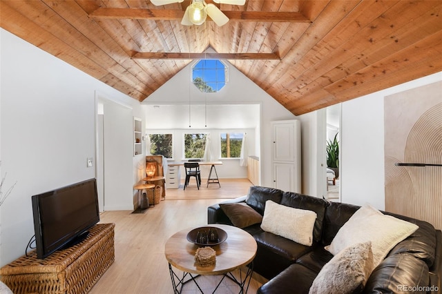 426 Corona Ave, Palmer Lake, CO 80133 - living area with a wooden ceiling with exposed beams, wood finished floors, a ceiling fan, and high vaulted ceiling