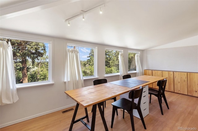 426 Corona Ave, Palmer Lake, CO 80133 - dining room featuring vaulted ceiling, light wood-style flooring, and track lighting