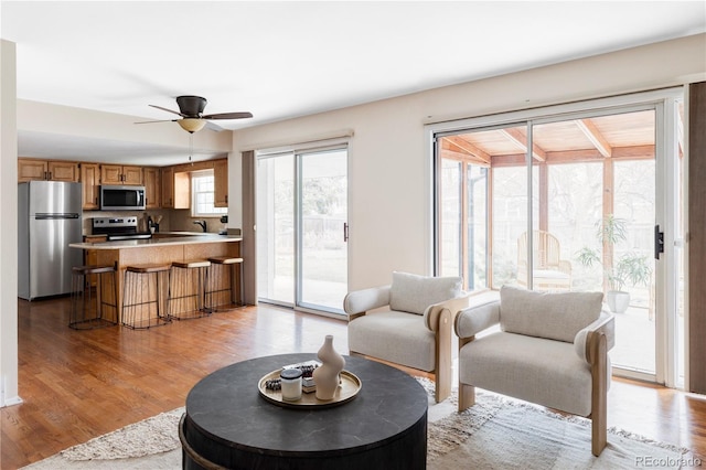 living area featuring light wood finished floors and a ceiling fan