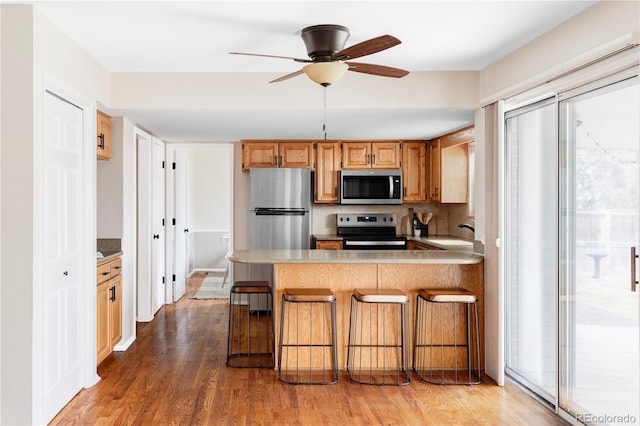 kitchen featuring wood finished floors, a peninsula, appliances with stainless steel finishes, decorative backsplash, and ceiling fan