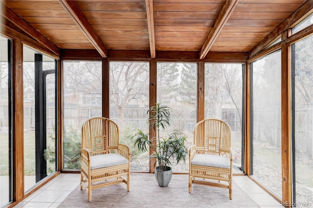 sunroom featuring wooden ceiling, plenty of natural light, and beam ceiling