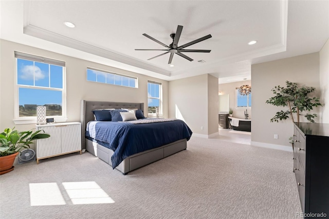 bedroom featuring a raised ceiling, baseboards, light carpet, and recessed lighting