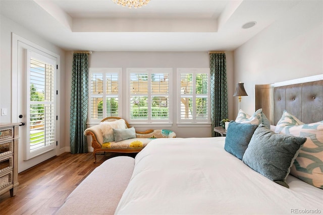 4142 Saltbrush Ct, Loveland, CO 80538 - bedroom featuring a raised ceiling, wood finished floors, and access to exterior