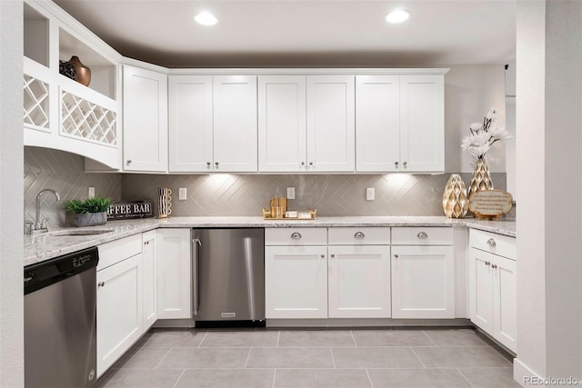 4142 Saltbrush Ct, Loveland, CO 80538 - kitchen featuring dishwasher, open shelves, white cabinetry, tasteful backsplash, and recessed lighting