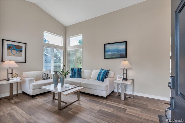 9884 Sydney Ln, Highlands Ranch, CO 80130 - living area with wood finished floors, baseboards, and high vaulted ceiling