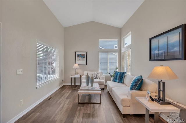 9884 Sydney Ln, Highlands Ranch, CO 80130 - living room featuring wood finished floors, high vaulted ceiling, and baseboards