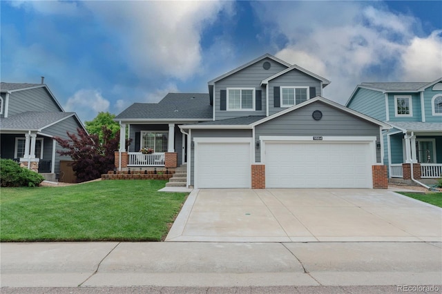 9884 Sydney Ln, Highlands Ranch, CO 80130 - view of front facade with a porch, a front yard, driveway, brick siding, and a garage