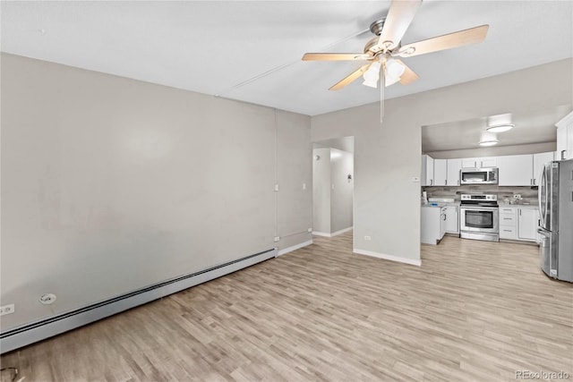 unfurnished living room featuring ceiling fan, a baseboard radiator, and light wood-type flooring