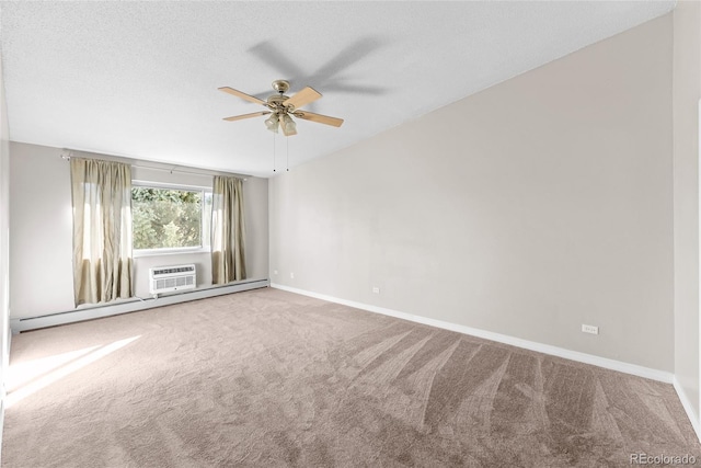 empty room with ceiling fan, carpet floors, a wall mounted AC, and a baseboard heating unit