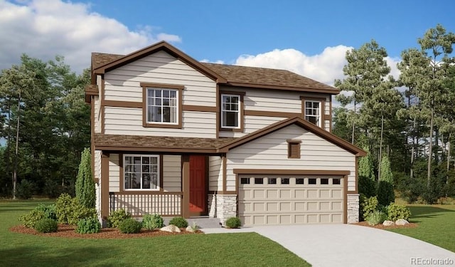 view of front of property with a garage, concrete driveway, stone siding, and a front lawn