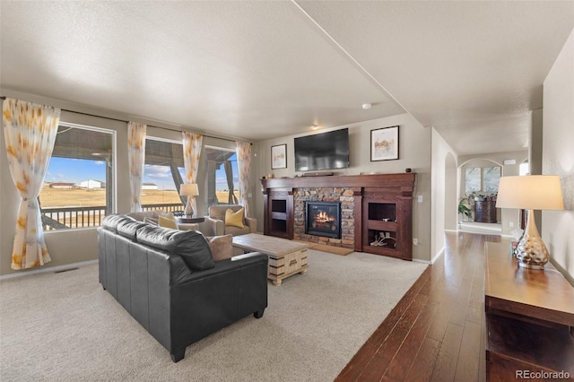 living area featuring visible vents, baseboards, a stone fireplace, wood finished floors, and arched walkways