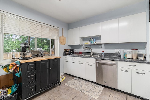 400 W Midway Blvd, Broomfield, CO 80020 - kitchen featuring dishwasher, dark cabinets, light tile patterned floors, white cabinets, and open shelves