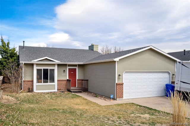 ranch-style home with a chimney, brick siding, driveway, and an attached garage