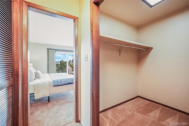 spacious closet featuring light colored carpet