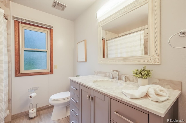 bathroom with vanity, wood-type flooring, and toilet