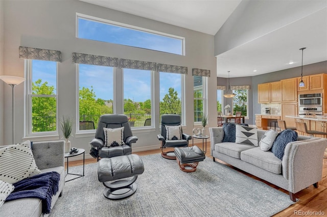 581 Stonemont Dr, Castle Pines, CO 80108 - living room featuring light wood finished floors and a towering ceiling