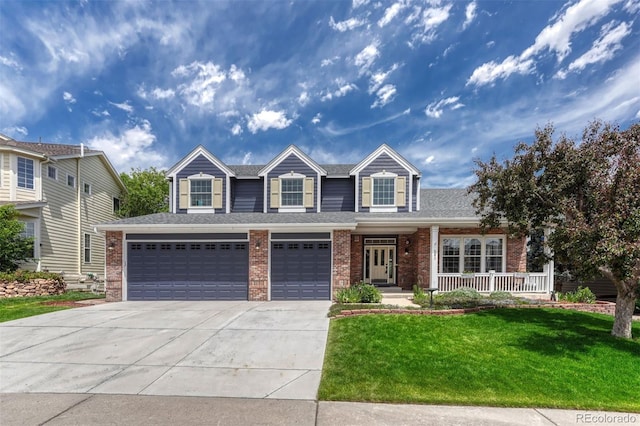 581 Stonemont Dr, Castle Pines, CO 80108 - view of front of property featuring brick siding, driveway, a front lawn, and covered porch
