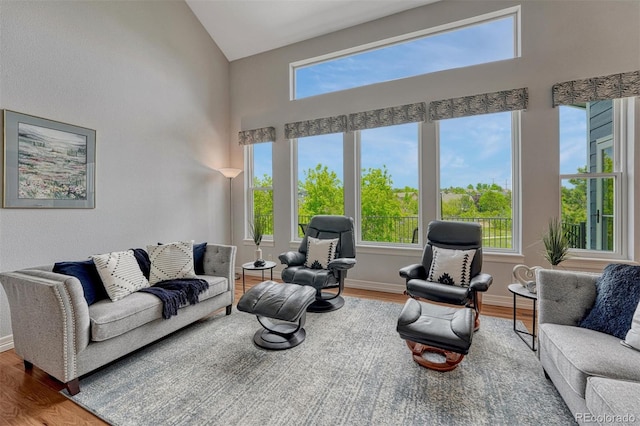 581 Stonemont Dr, Castle Pines, CO 80108 - living area with wood finished floors, plenty of natural light, high vaulted ceiling, and baseboards