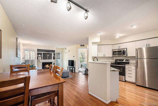 2 Acoma St Unit 11, Denver, CO 80223 - kitchen with stainless steel appliances, light countertops, a textured ceiling, light wood-type flooring, and a lit fireplace