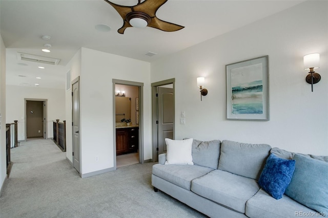 23451 E Rockinghorse Pkwy, Aurora, CO 80016 - living room featuring light carpet, a ceiling fan, attic access, baseboards, and recessed lighting