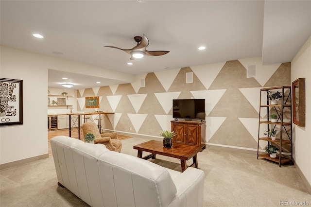 23451 E Rockinghorse Pkwy, Aurora, CO 80016 - living area with beverage cooler, recessed lighting, baseboards, light carpet, and a ceiling fan