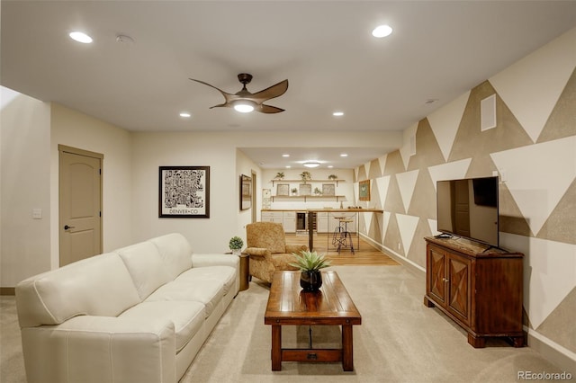 23451 E Rockinghorse Pkwy, Aurora, CO 80016 - living room featuring recessed lighting, ceiling fan, light colored carpet, and baseboards