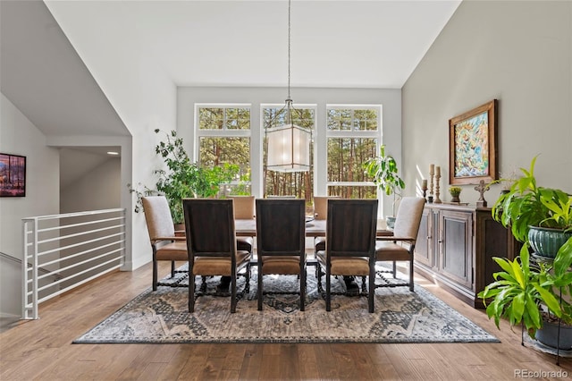 10525 Wild Fox Pl, Franktown, CO 80116 - dining room with vaulted ceiling, a chandelier, and wood finished floors