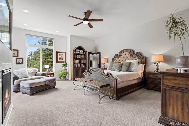 10525 Wild Fox Pl, Franktown, CO 80116 - bedroom with light colored carpet, recessed lighting, and a ceiling fan