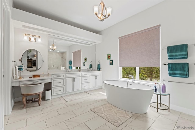10525 Wild Fox Pl, Franktown, CO 80116 - full bath featuring a chandelier, a freestanding tub, double vanity, and a shower with shower door