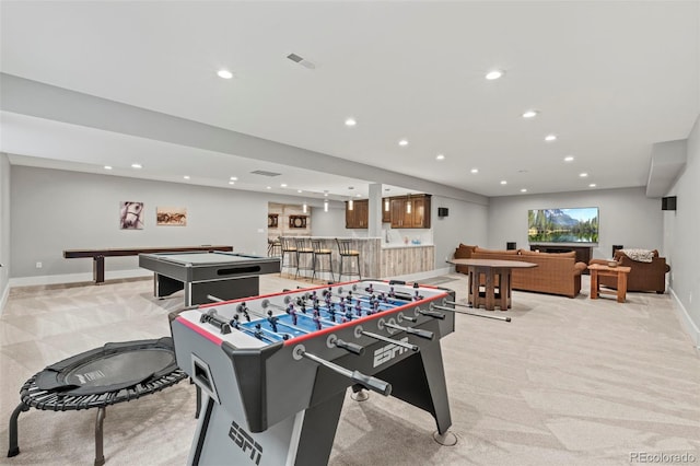 10525 Wild Fox Pl, Franktown, CO 80116 - recreation room with light colored carpet, bar area, billiards, and recessed lighting