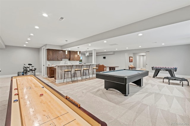 10525 Wild Fox Pl, Franktown, CO 80116 - rec room featuring wet bar, recessed lighting, pool table, and light carpet