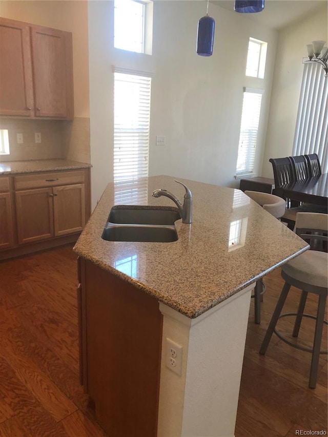 kitchen featuring dark wood finished floors, a high ceiling, a sink, an island with sink, and light stone countertops