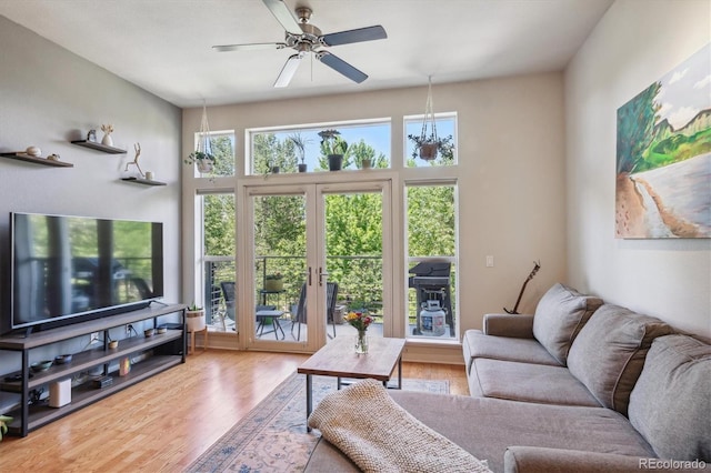 living room with ceiling fan and hardwood / wood-style floors