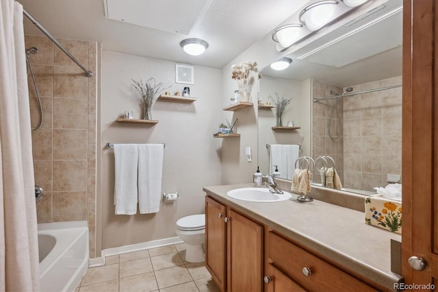 full bathroom with toilet, tile patterned flooring, vanity, and shower / tub combo with curtain